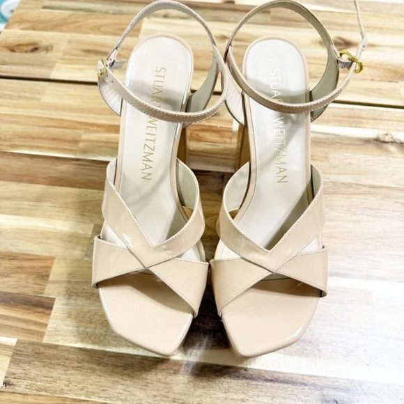 Stuart Weitzman Miami Patent Leather Adobe Nude Strappy Platform Sandals Size 9 - Picture 7 of 10